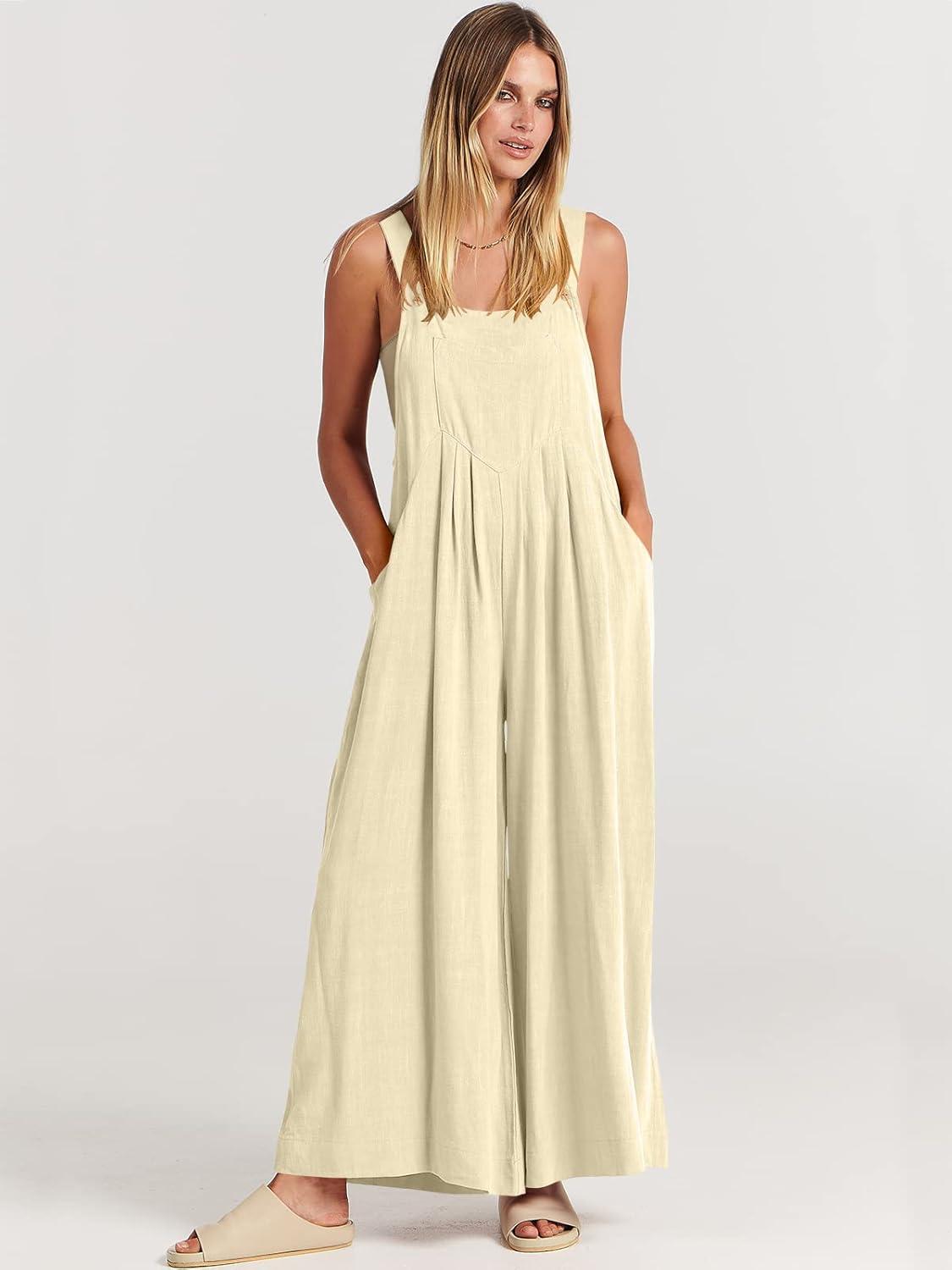 imageANRABESS Womens Jumpsuits Overalls Wide Leg Casual Summer Outfits Linen Rompers Jumpers Sleeveless Straps 2025 ClothesApricot