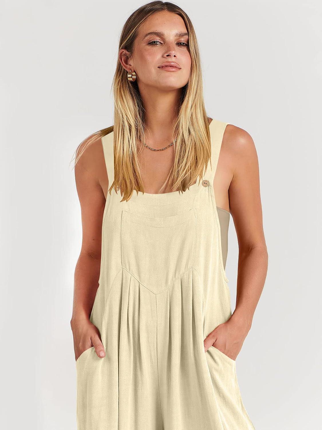 imageANRABESS Womens Jumpsuits Overalls Wide Leg Casual Summer Outfits Linen Rompers Jumpers Sleeveless Straps 2025 ClothesApricot