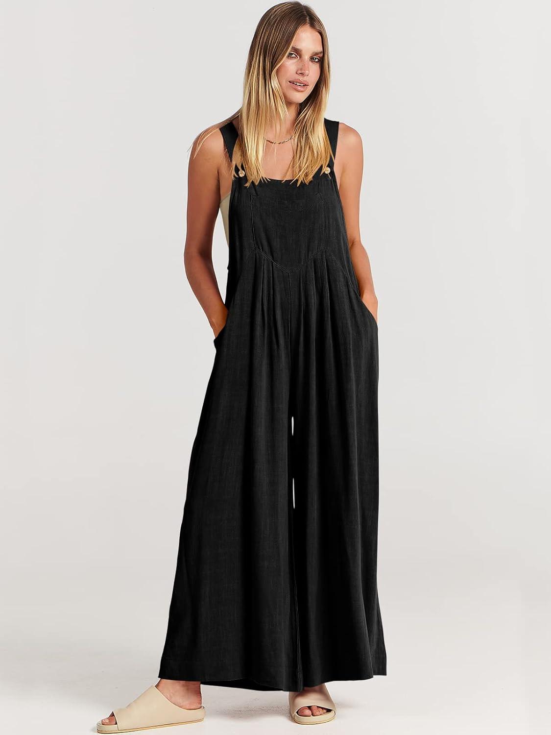 imageANRABESS Womens Jumpsuits Overalls Wide Leg Casual Summer Outfits Linen Rompers Jumpers Sleeveless Straps 2025 ClothesBlack