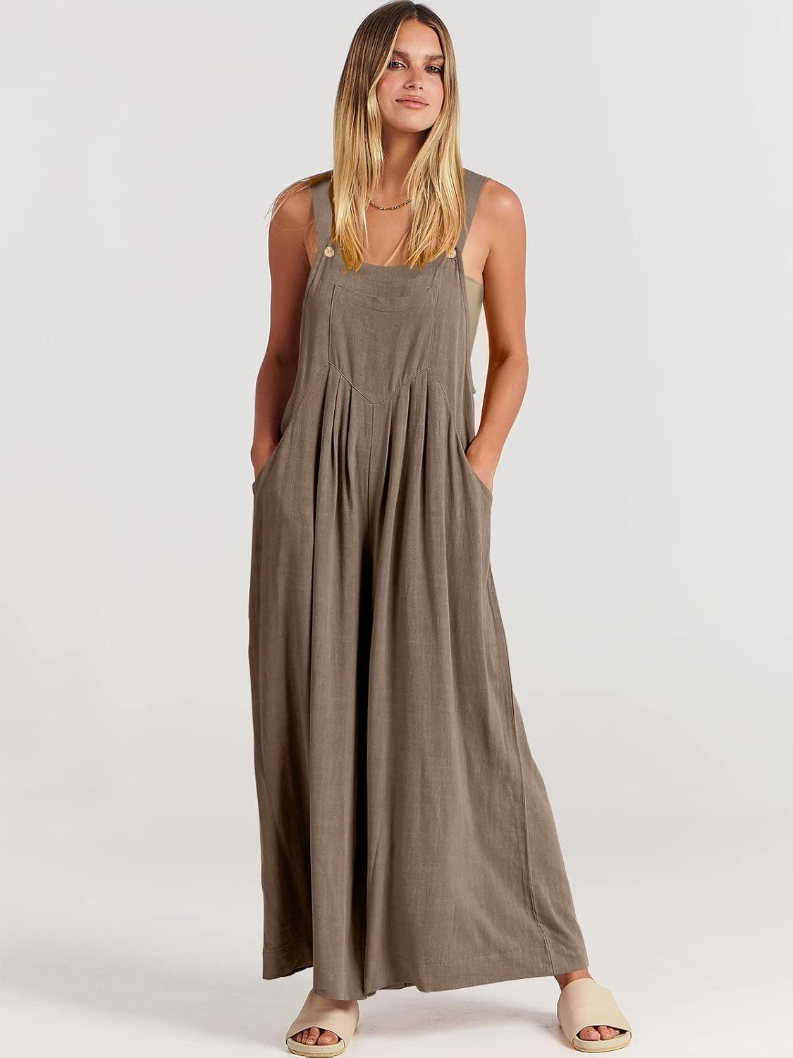 imageANRABESS Womens Jumpsuits Overalls Wide Leg Casual Summer Outfits Linen Rompers Jumpers Sleeveless Straps 2025 ClothesBrown