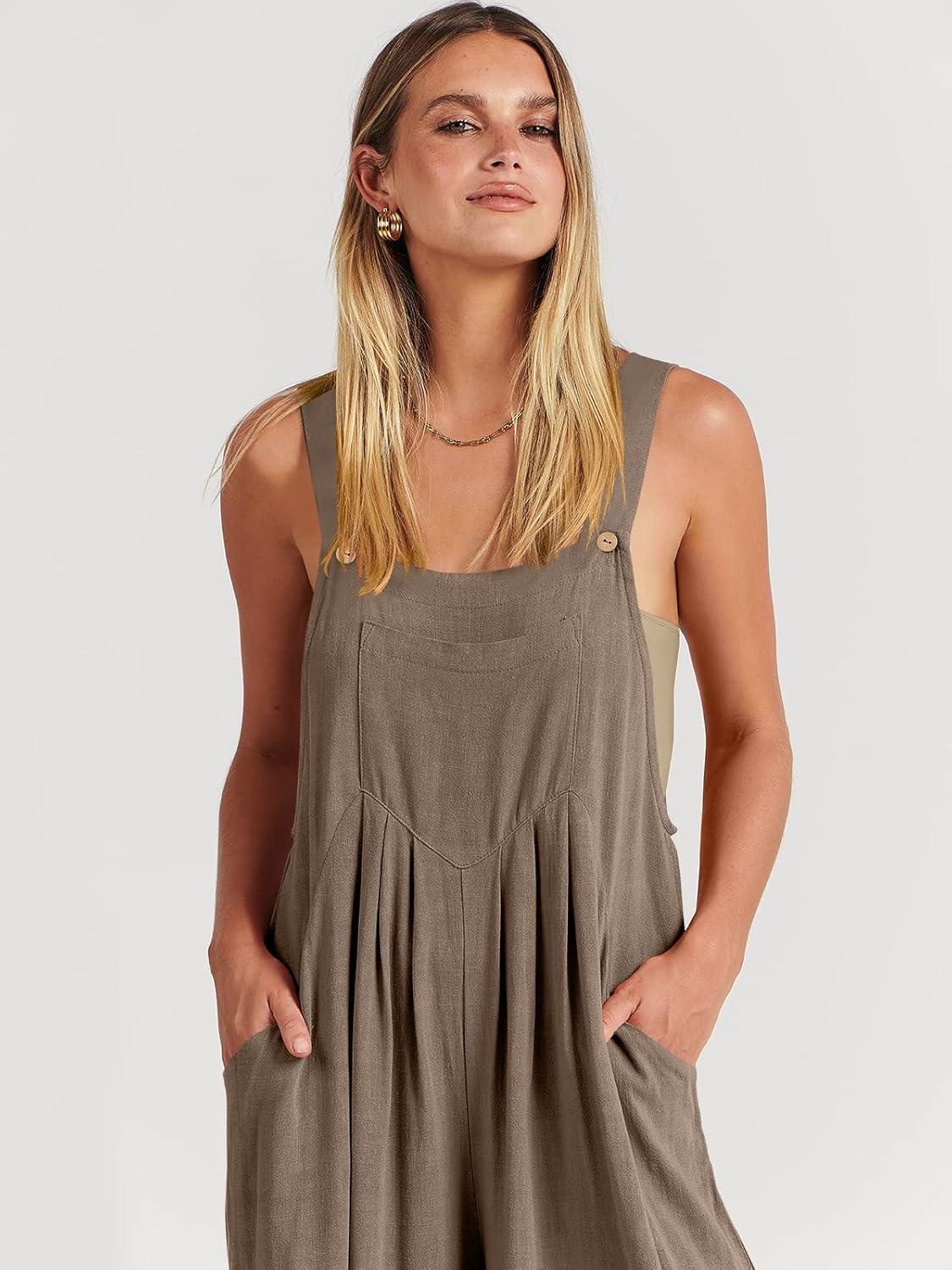 imageANRABESS Womens Jumpsuits Overalls Wide Leg Casual Summer Outfits Linen Rompers Jumpers Sleeveless Straps 2025 ClothesBrown