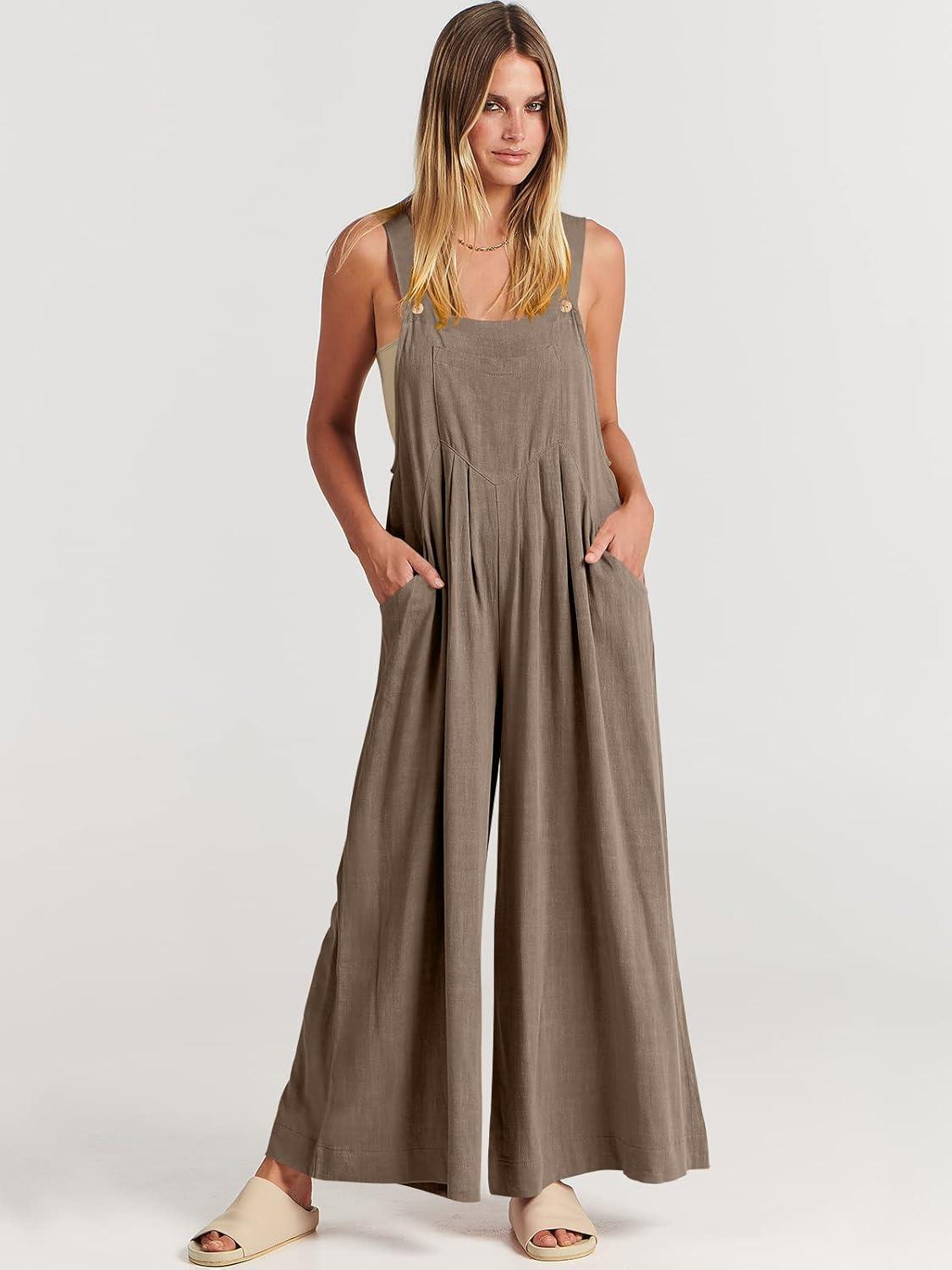 imageANRABESS Womens Jumpsuits Overalls Wide Leg Casual Summer Outfits Linen Rompers Jumpers Sleeveless Straps 2025 ClothesBrown