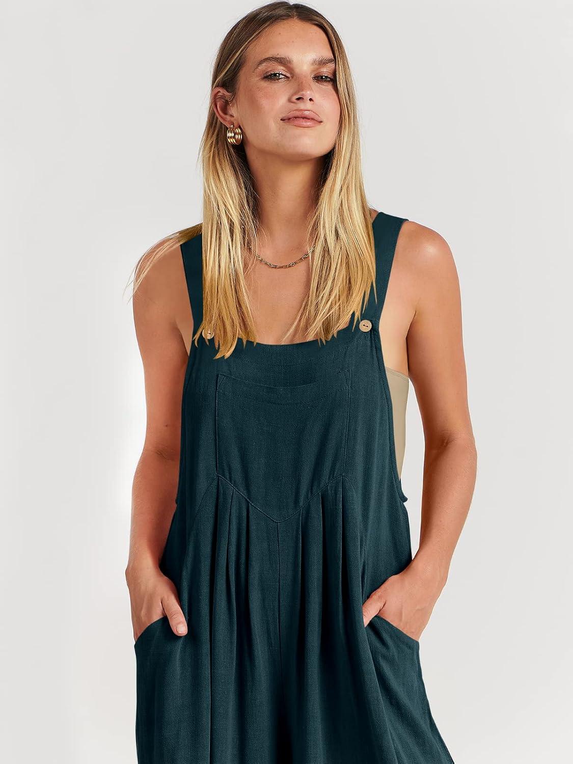 imageANRABESS Womens Jumpsuits Overalls Wide Leg Casual Summer Outfits Linen Rompers Jumpers Sleeveless Straps 2025 ClothesCyan
