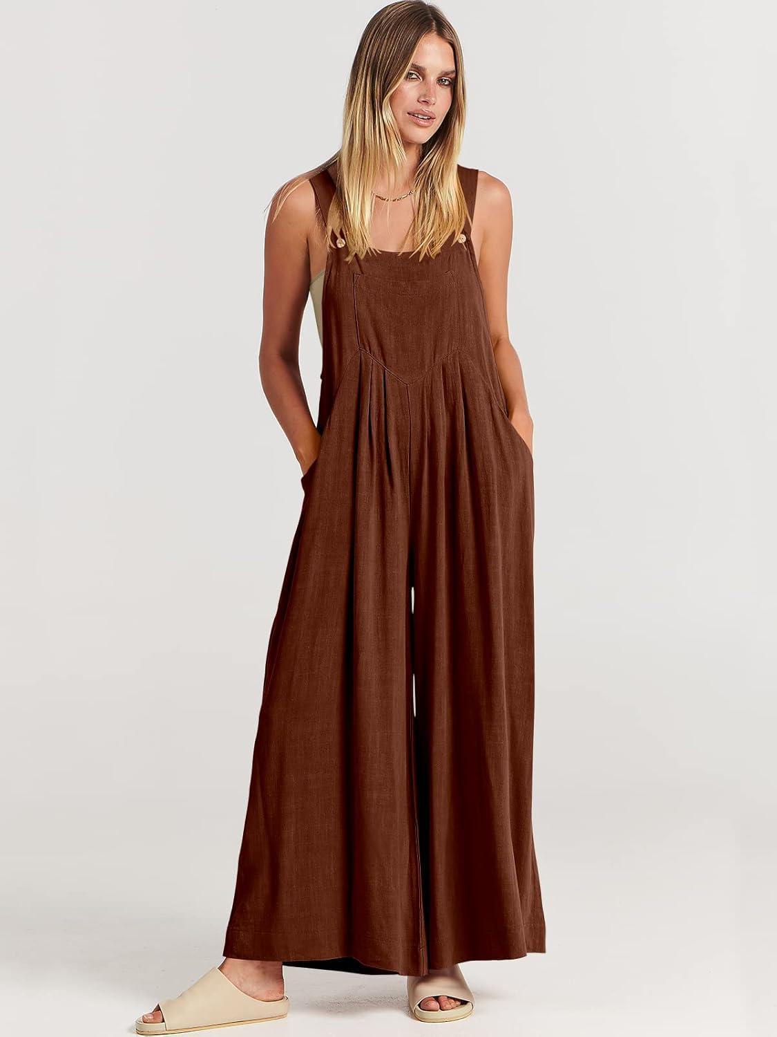 imageANRABESS Womens Jumpsuits Overalls Wide Leg Casual Summer Outfits Linen Rompers Jumpers Sleeveless Straps 2025 ClothesDark Brown