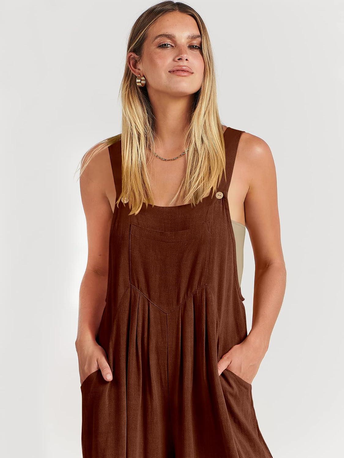 imageANRABESS Womens Jumpsuits Overalls Wide Leg Casual Summer Outfits Linen Rompers Jumpers Sleeveless Straps 2025 ClothesDark Brown