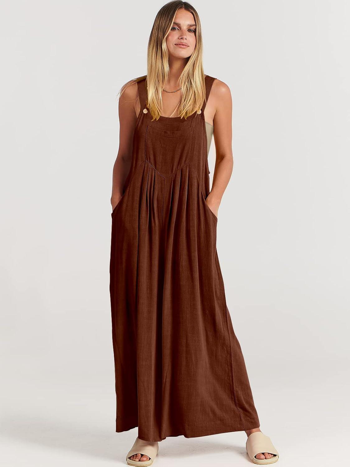 imageANRABESS Womens Jumpsuits Overalls Wide Leg Casual Summer Outfits Linen Rompers Jumpers Sleeveless Straps 2025 ClothesDark Brown