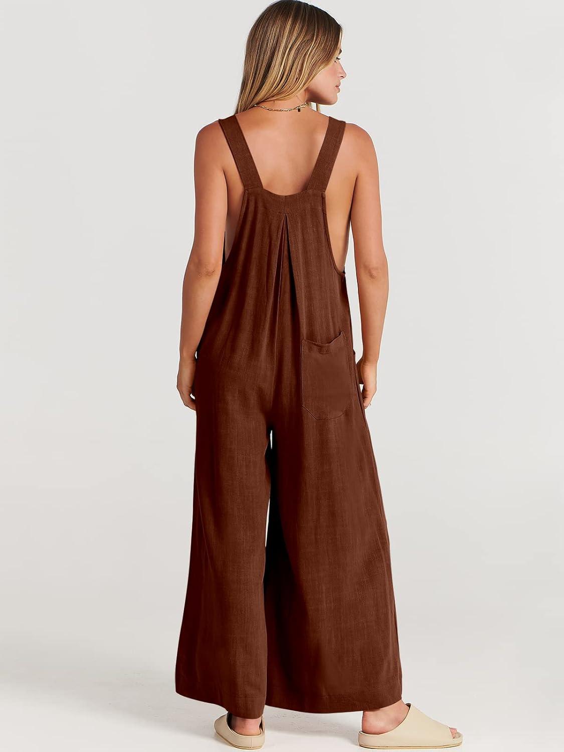 imageANRABESS Womens Jumpsuits Overalls Wide Leg Casual Summer Outfits Linen Rompers Jumpers Sleeveless Straps 2025 ClothesDark Brown