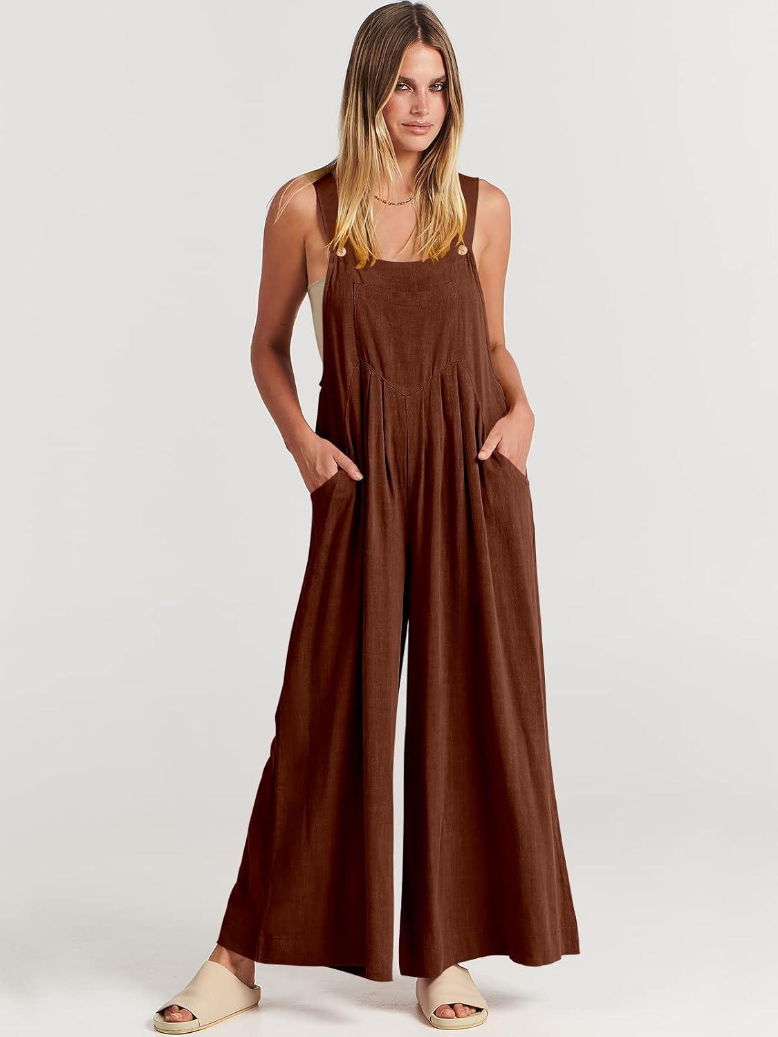 imageANRABESS Womens Jumpsuits Overalls Wide Leg Casual Summer Outfits Linen Rompers Jumpers Sleeveless Straps 2025 ClothesDark Brown