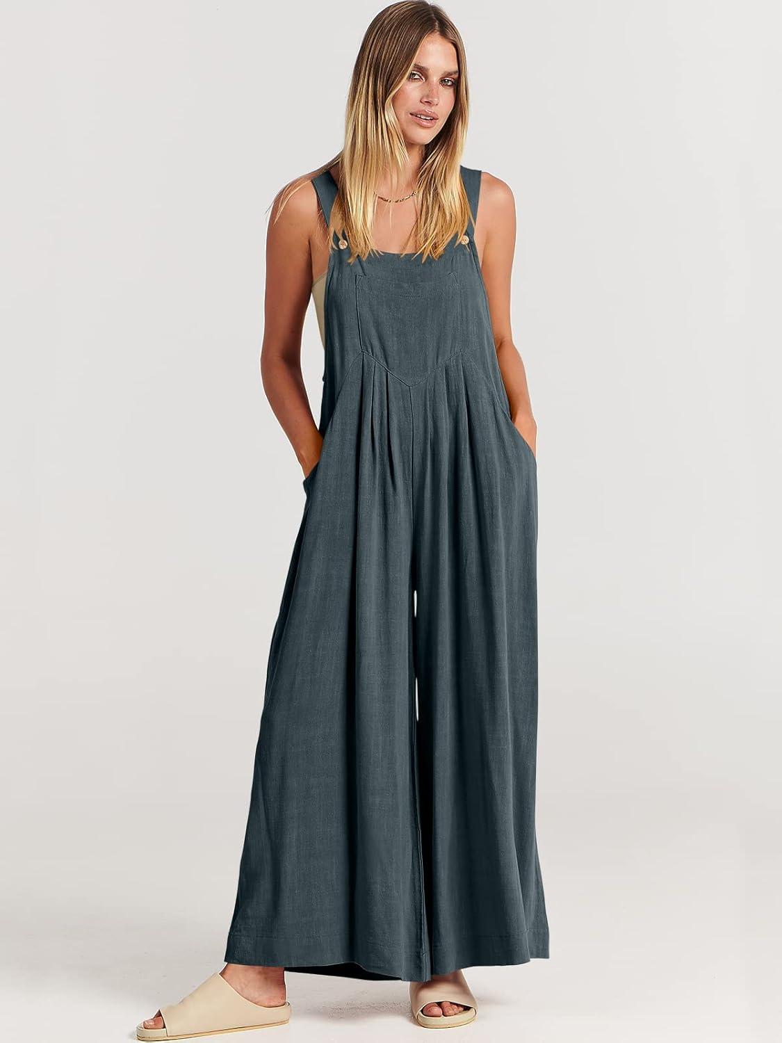 imageANRABESS Womens Jumpsuits Overalls Wide Leg Casual Summer Outfits Linen Rompers Jumpers Sleeveless Straps 2025 ClothesDark Grey
