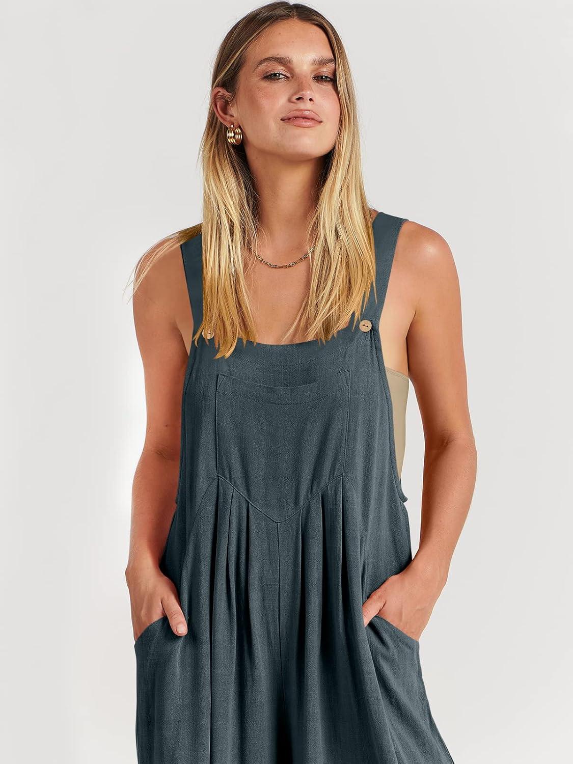imageANRABESS Womens Jumpsuits Overalls Wide Leg Casual Summer Outfits Linen Rompers Jumpers Sleeveless Straps 2025 ClothesDark Grey