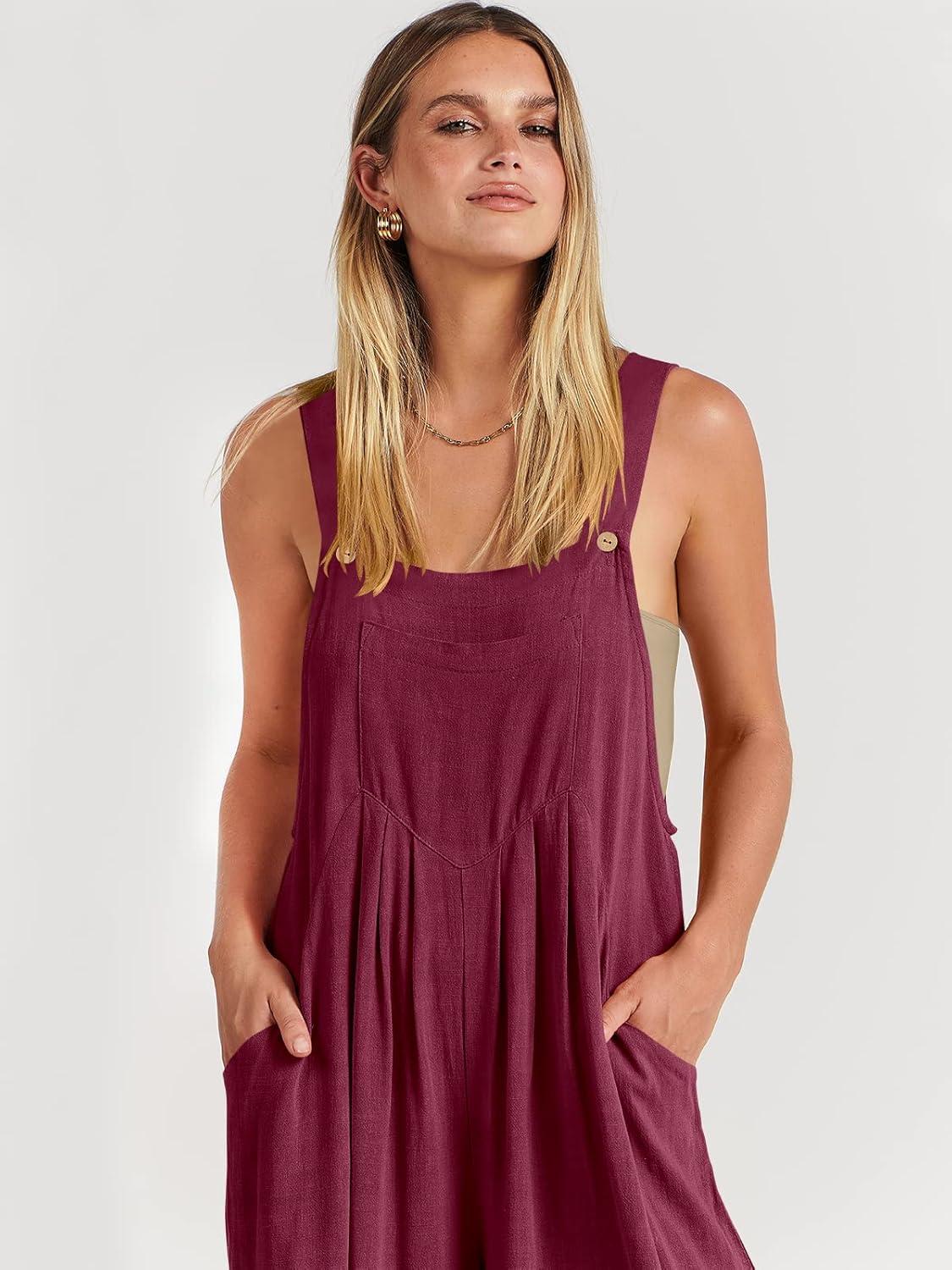 imageANRABESS Womens Jumpsuits Overalls Wide Leg Casual Summer Outfits Linen Rompers Jumpers Sleeveless Straps 2025 ClothesFuchsia