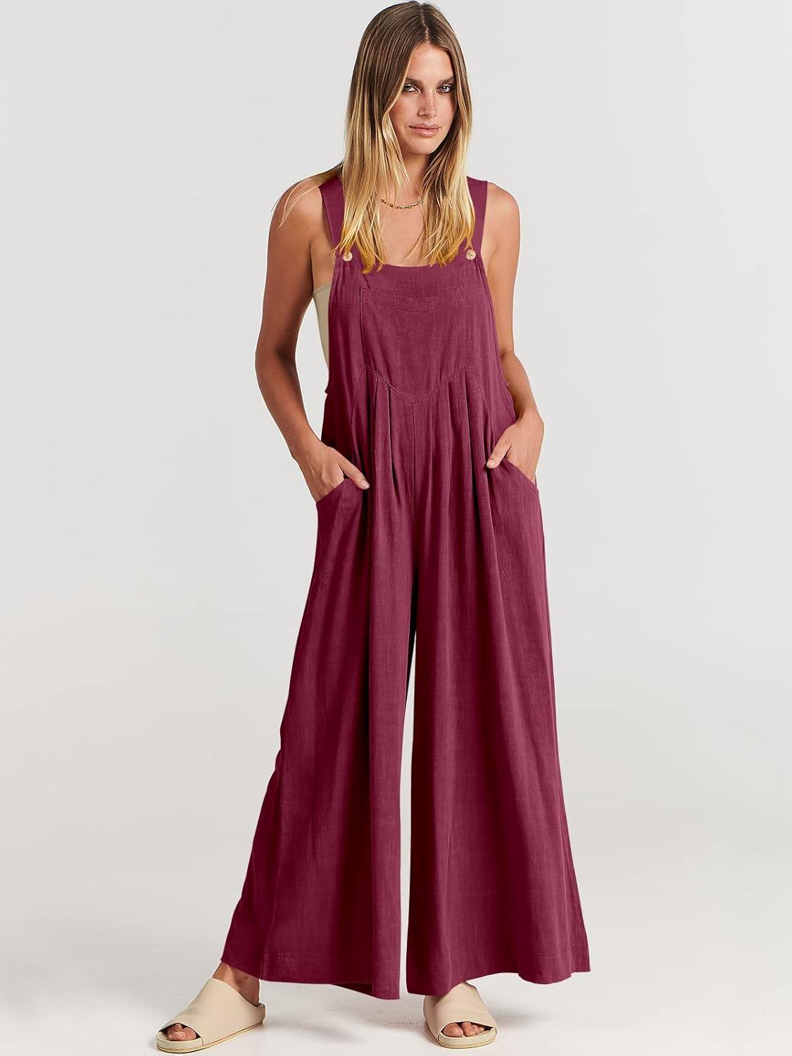 imageANRABESS Womens Jumpsuits Overalls Wide Leg Casual Summer Outfits Linen Rompers Jumpers Sleeveless Straps 2025 ClothesFuchsia