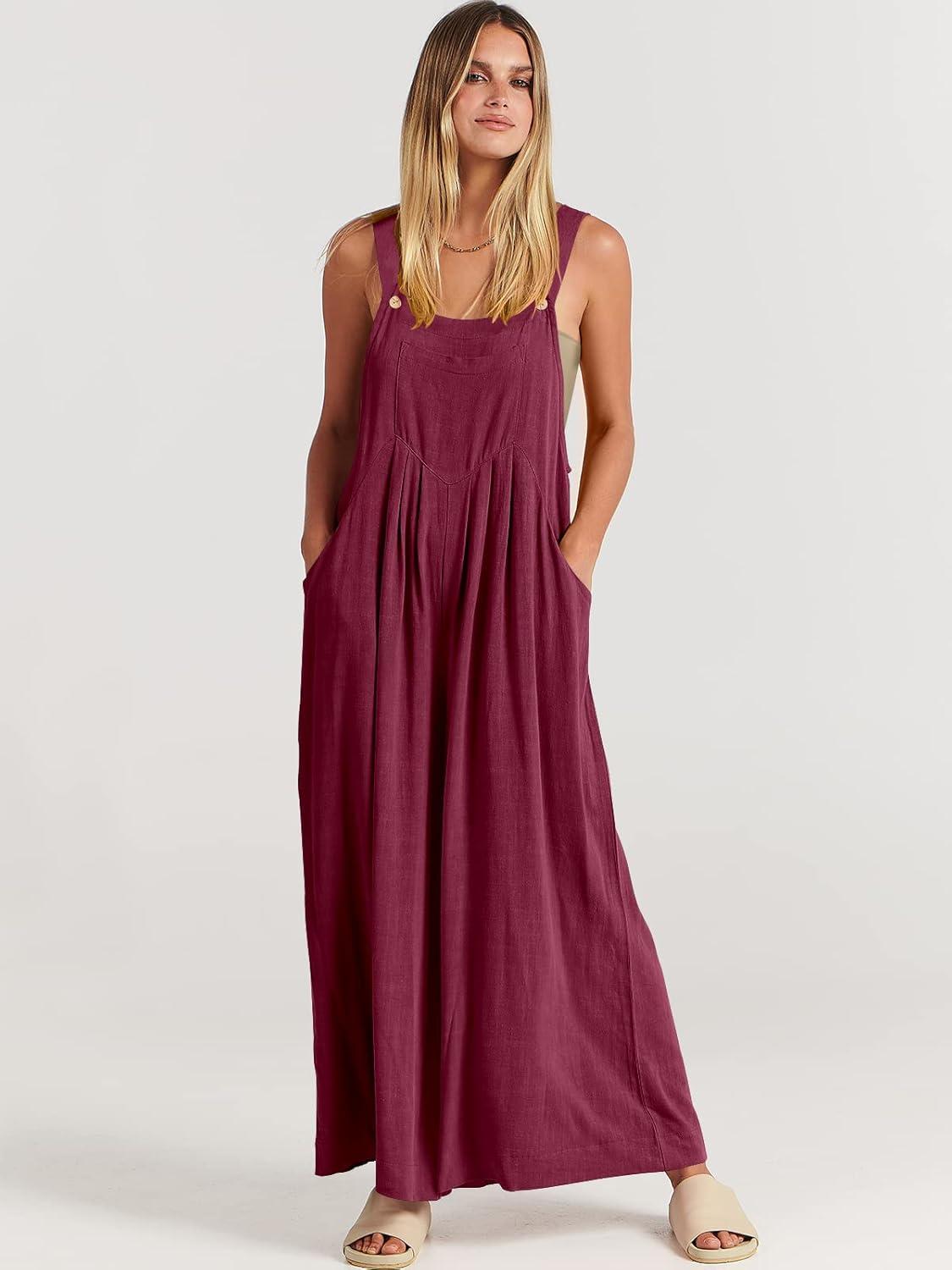imageANRABESS Womens Jumpsuits Overalls Wide Leg Casual Summer Outfits Linen Rompers Jumpers Sleeveless Straps 2025 ClothesFuchsia
