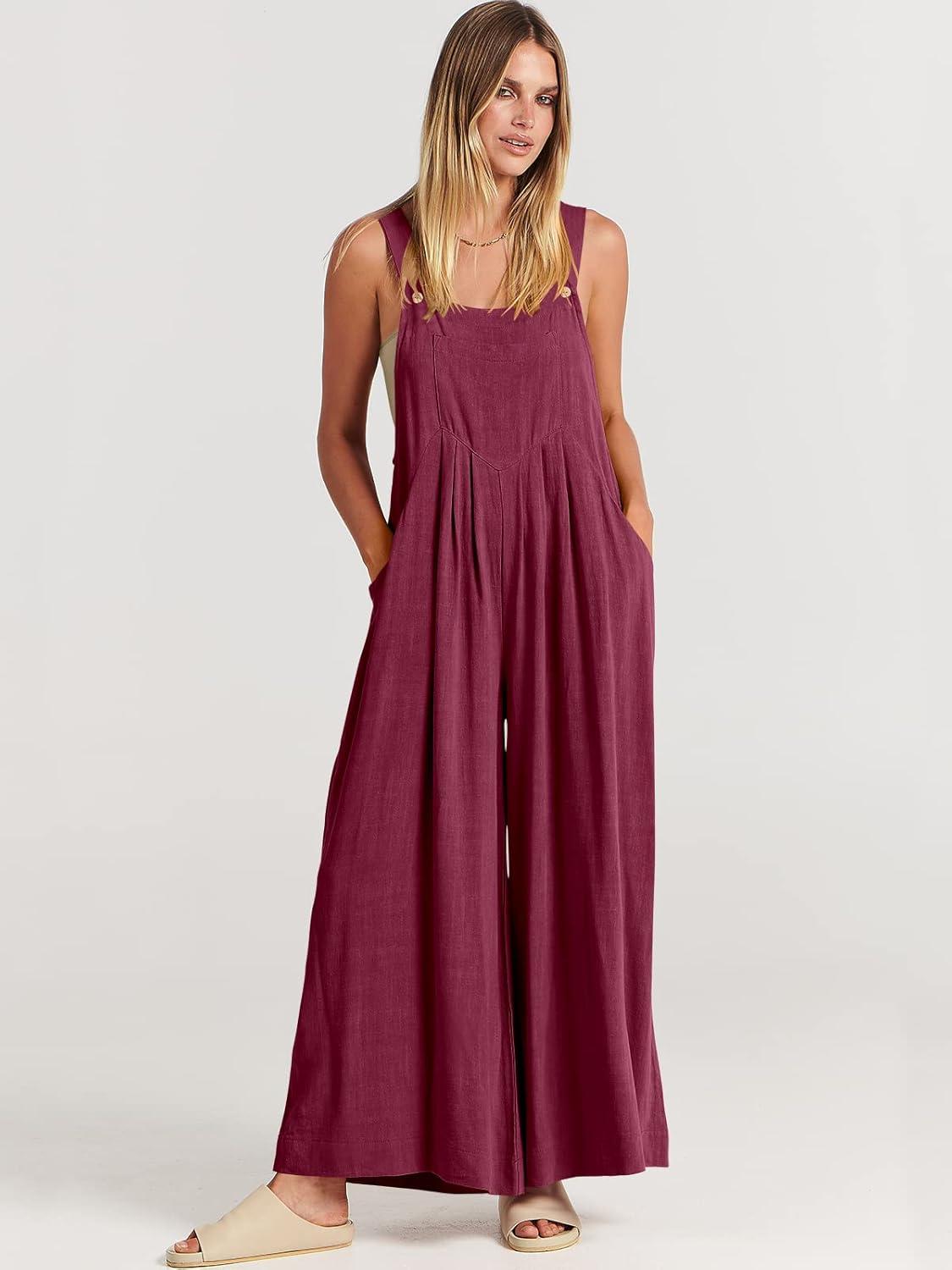 imageANRABESS Womens Jumpsuits Overalls Wide Leg Casual Summer Outfits Linen Rompers Jumpers Sleeveless Straps 2025 ClothesFuchsia