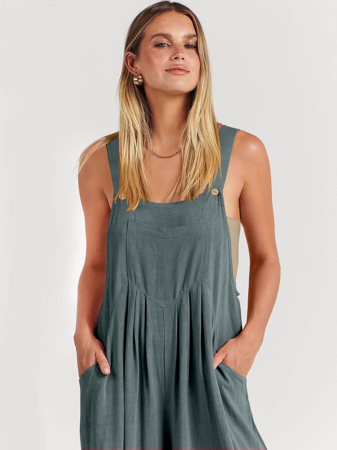imageANRABESS Womens Jumpsuits Overalls Wide Leg Casual Summer Outfits Linen Rompers Jumpers Sleeveless Straps 2025 ClothesGrey Blue