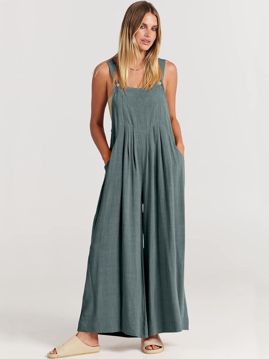imageANRABESS Womens Jumpsuits Overalls Wide Leg Casual Summer Outfits Linen Rompers Jumpers Sleeveless Straps 2025 ClothesGrey Blue