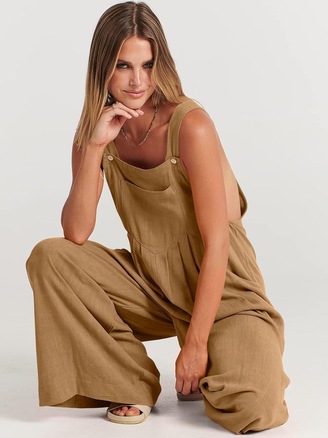 imageANRABESS Womens Jumpsuits Overalls Wide Leg Casual Summer Outfits Linen Rompers Jumpers Sleeveless Straps 2025 ClothesKhaki