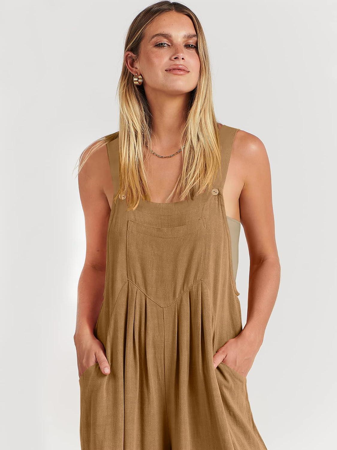imageANRABESS Womens Jumpsuits Overalls Wide Leg Casual Summer Outfits Linen Rompers Jumpers Sleeveless Straps 2025 ClothesKhaki