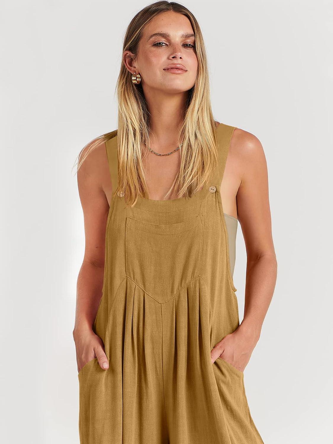 imageANRABESS Womens Jumpsuits Overalls Wide Leg Casual Summer Outfits Linen Rompers Jumpers Sleeveless Straps 2025 ClothesLight Yellow
