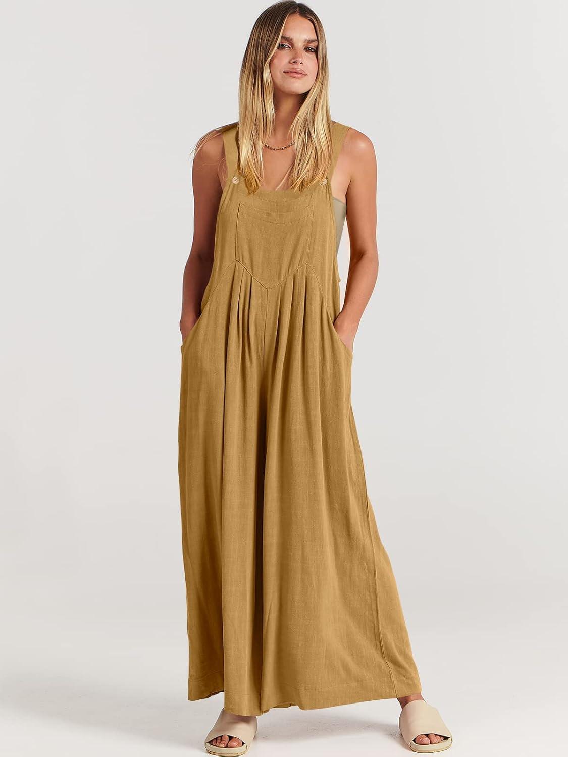 imageANRABESS Womens Jumpsuits Overalls Wide Leg Casual Summer Outfits Linen Rompers Jumpers Sleeveless Straps 2025 ClothesLight Yellow