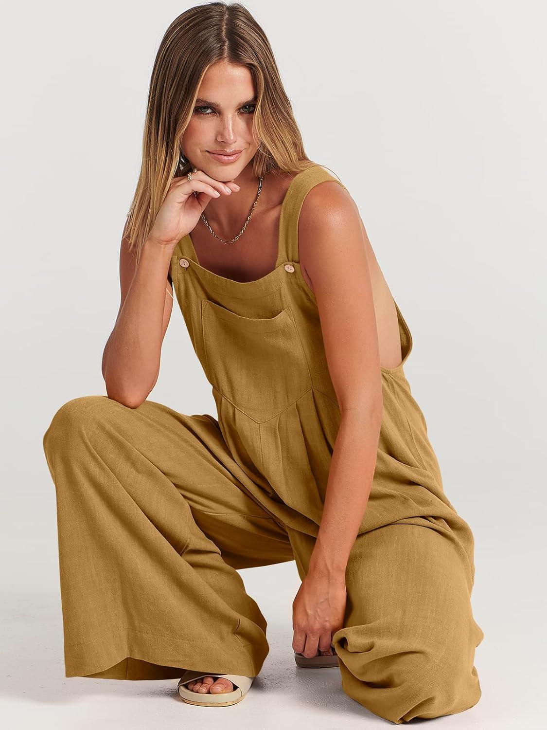 imageANRABESS Womens Jumpsuits Overalls Wide Leg Casual Summer Outfits Linen Rompers Jumpers Sleeveless Straps 2025 ClothesLight Yellow