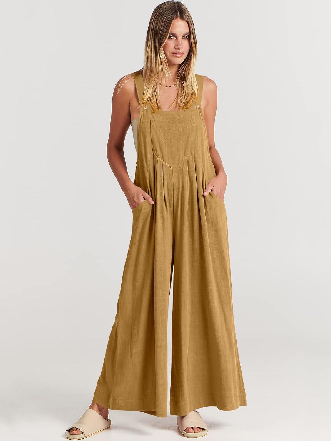 imageANRABESS Womens Jumpsuits Overalls Wide Leg Casual Summer Outfits Linen Rompers Jumpers Sleeveless Straps 2025 ClothesLight Yellow