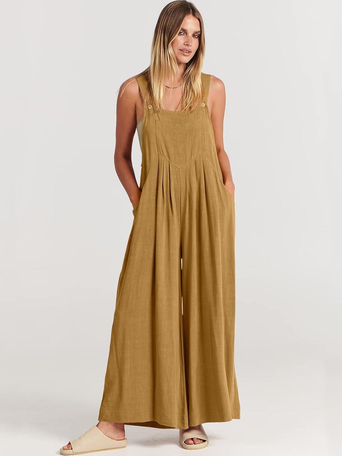 imageANRABESS Womens Jumpsuits Overalls Wide Leg Casual Summer Outfits Linen Rompers Jumpers Sleeveless Straps 2025 ClothesLight Yellow