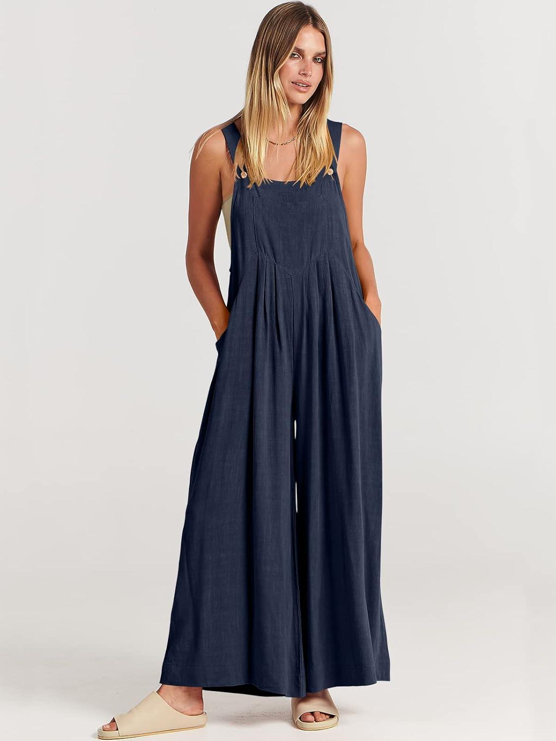 imageANRABESS Womens Jumpsuits Overalls Wide Leg Casual Summer Outfits Linen Rompers Jumpers Sleeveless Straps 2025 ClothesNavy Blue