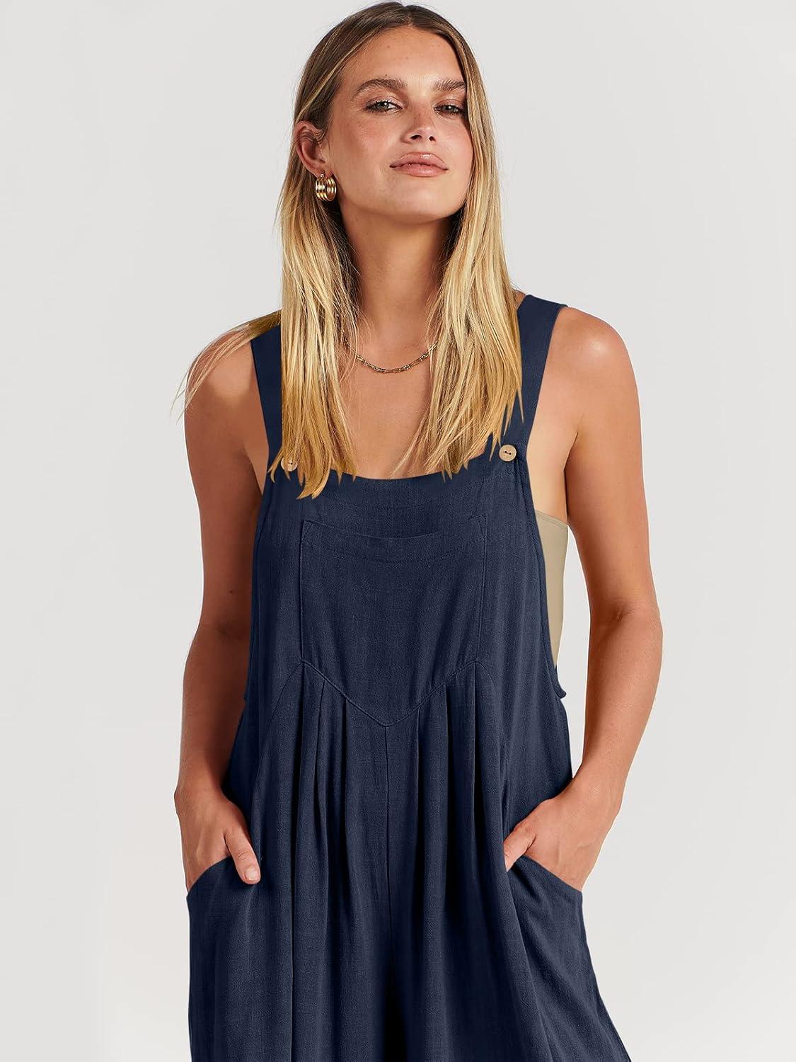 imageANRABESS Womens Jumpsuits Overalls Wide Leg Casual Summer Outfits Linen Rompers Jumpers Sleeveless Straps 2025 ClothesNavy Blue