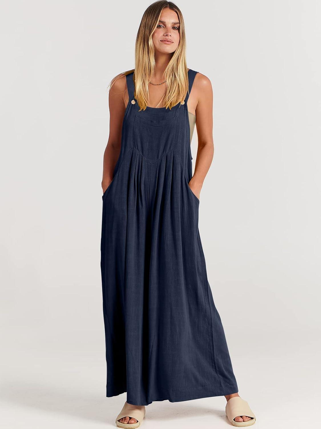 imageANRABESS Womens Jumpsuits Overalls Wide Leg Casual Summer Outfits Linen Rompers Jumpers Sleeveless Straps 2025 ClothesNavy Blue