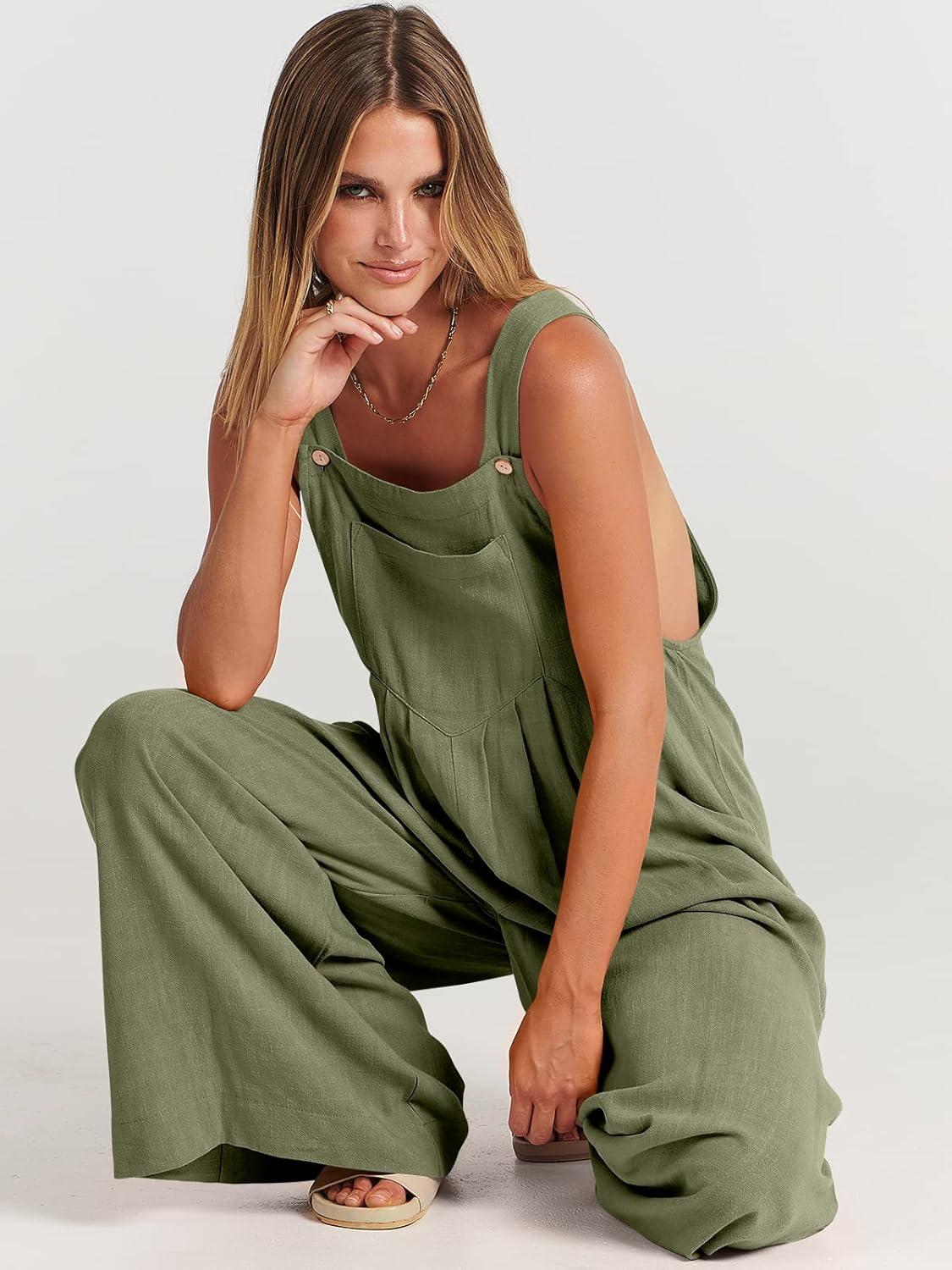 imageANRABESS Womens Jumpsuits Overalls Wide Leg Casual Summer Outfits Linen Rompers Jumpers Sleeveless Straps 2025 ClothesOlive