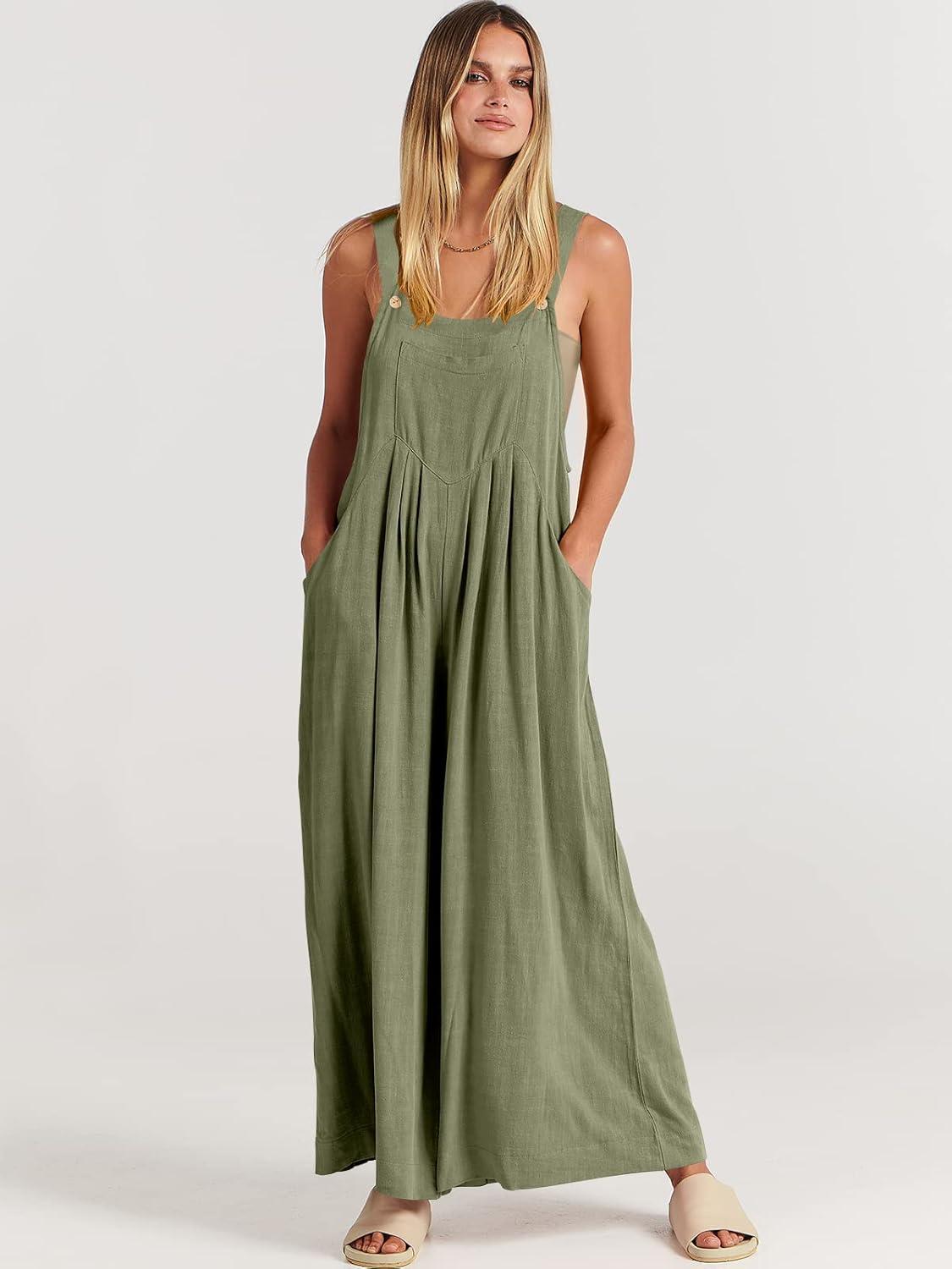 imageANRABESS Womens Jumpsuits Overalls Wide Leg Casual Summer Outfits Linen Rompers Jumpers Sleeveless Straps 2025 ClothesOlive