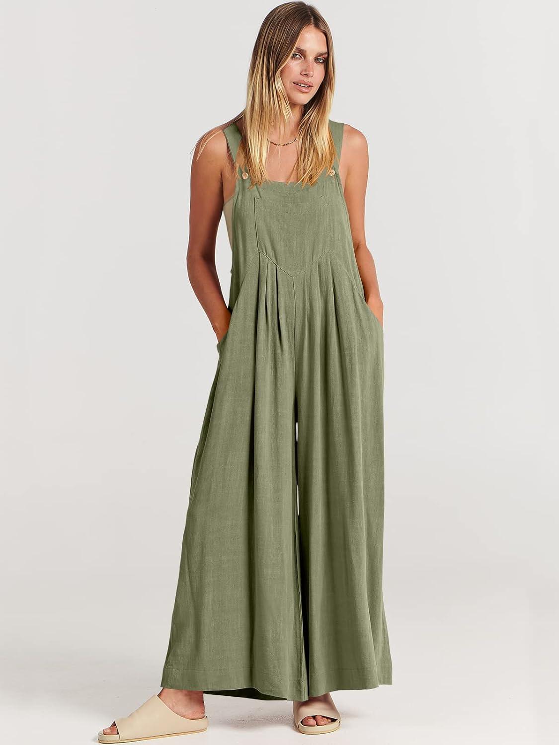 imageANRABESS Womens Jumpsuits Overalls Wide Leg Casual Summer Outfits Linen Rompers Jumpers Sleeveless Straps 2025 ClothesOlive
