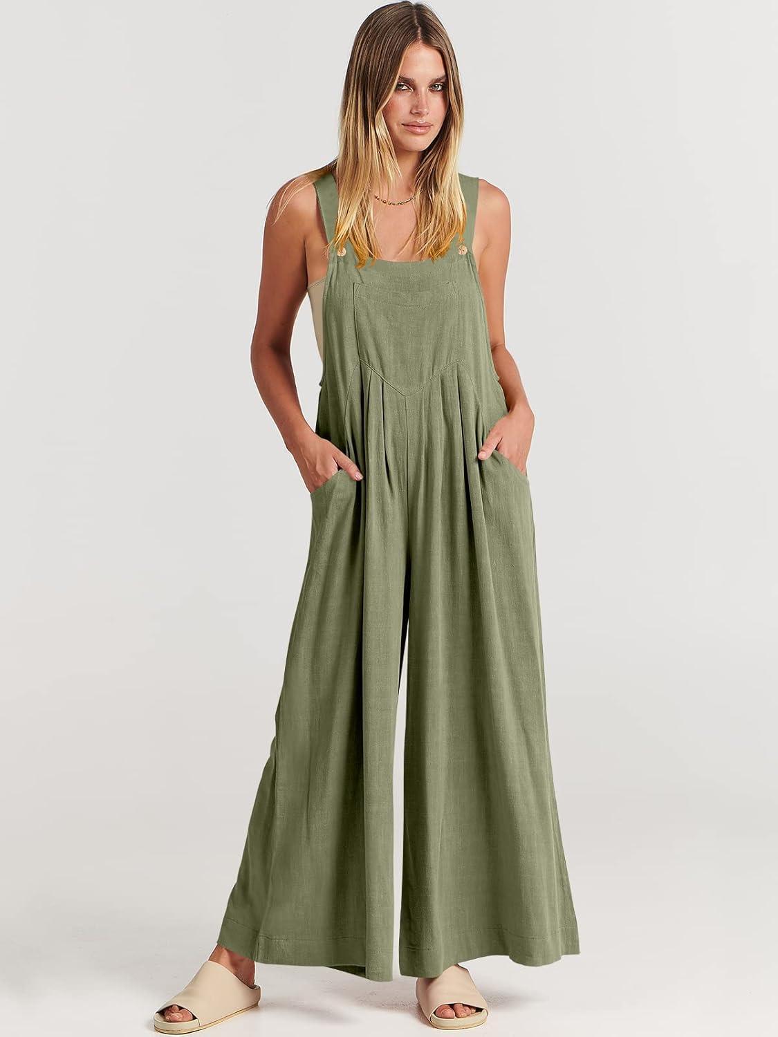 imageANRABESS Womens Jumpsuits Overalls Wide Leg Casual Summer Outfits Linen Rompers Jumpers Sleeveless Straps 2025 ClothesOlive