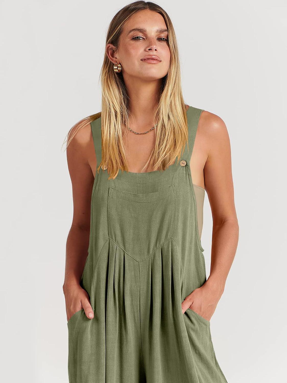 imageANRABESS Womens Jumpsuits Overalls Wide Leg Casual Summer Outfits Linen Rompers Jumpers Sleeveless Straps 2025 ClothesOlive