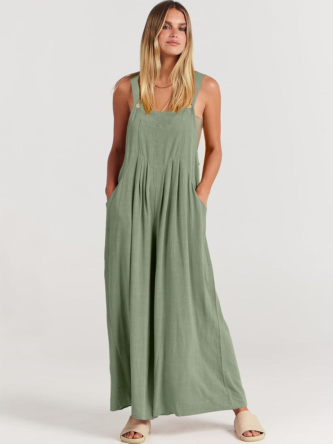 imageANRABESS Womens Jumpsuits Overalls Wide Leg Casual Summer Outfits Linen Rompers Jumpers Sleeveless Straps 2025 ClothesPea Green
