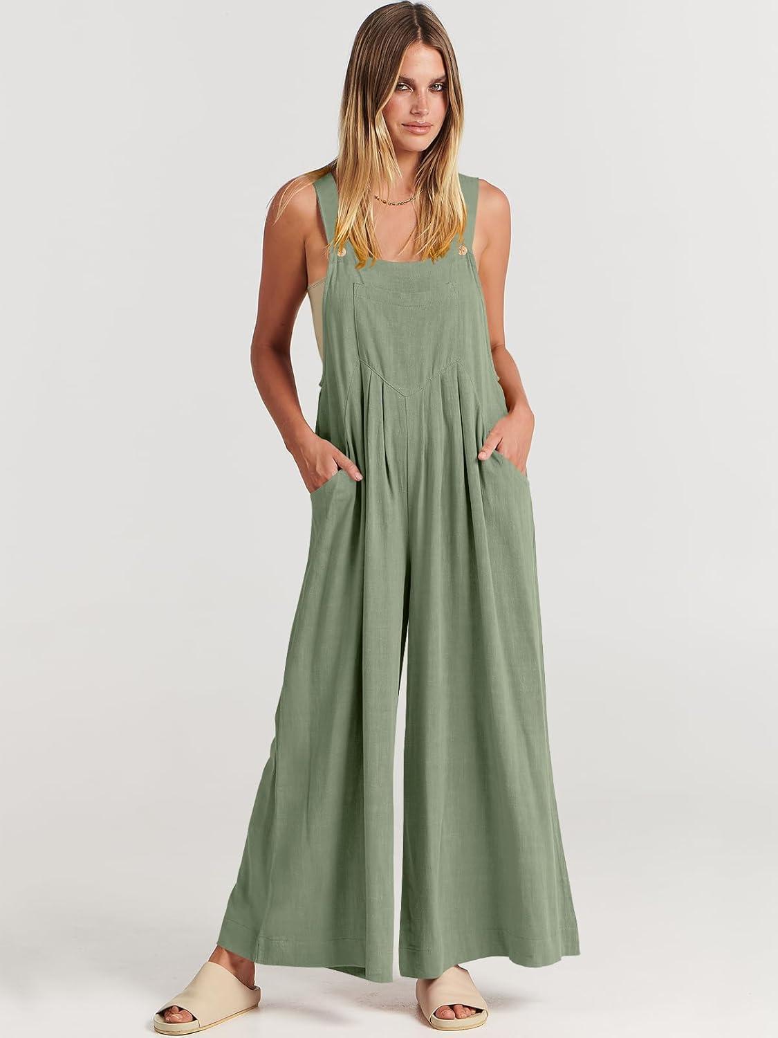 imageANRABESS Womens Jumpsuits Overalls Wide Leg Casual Summer Outfits Linen Rompers Jumpers Sleeveless Straps 2025 ClothesPea Green