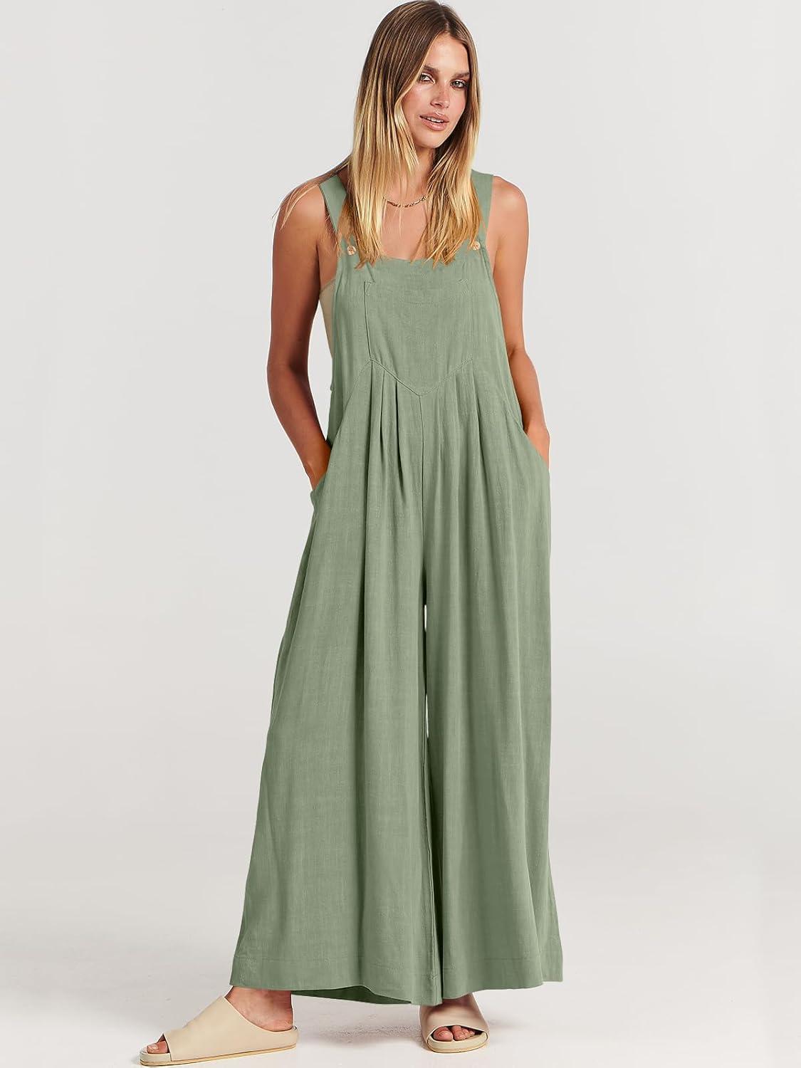 imageANRABESS Womens Jumpsuits Overalls Wide Leg Casual Summer Outfits Linen Rompers Jumpers Sleeveless Straps 2025 ClothesPea Green