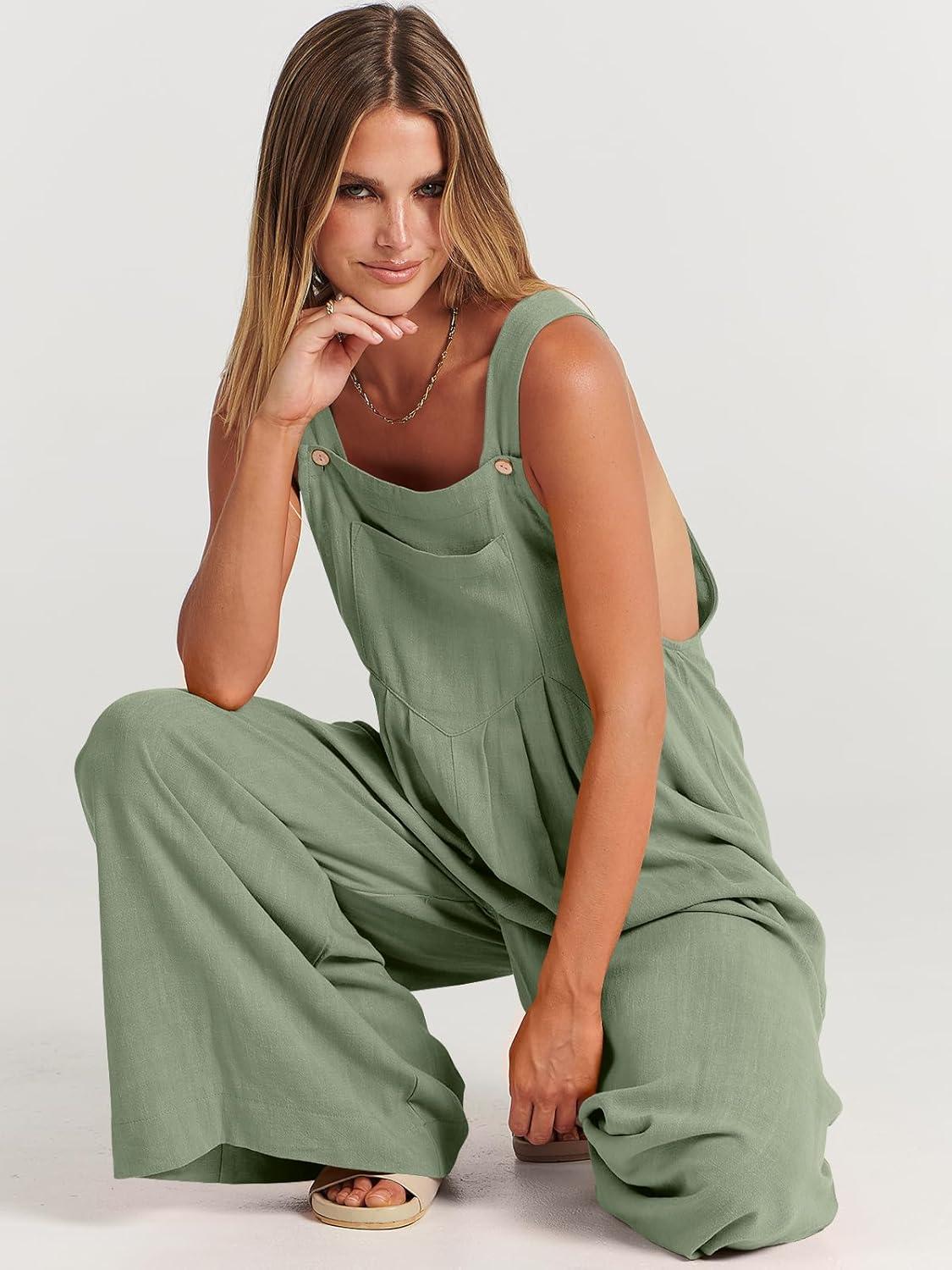 imageANRABESS Womens Jumpsuits Overalls Wide Leg Casual Summer Outfits Linen Rompers Jumpers Sleeveless Straps 2025 ClothesPea Green