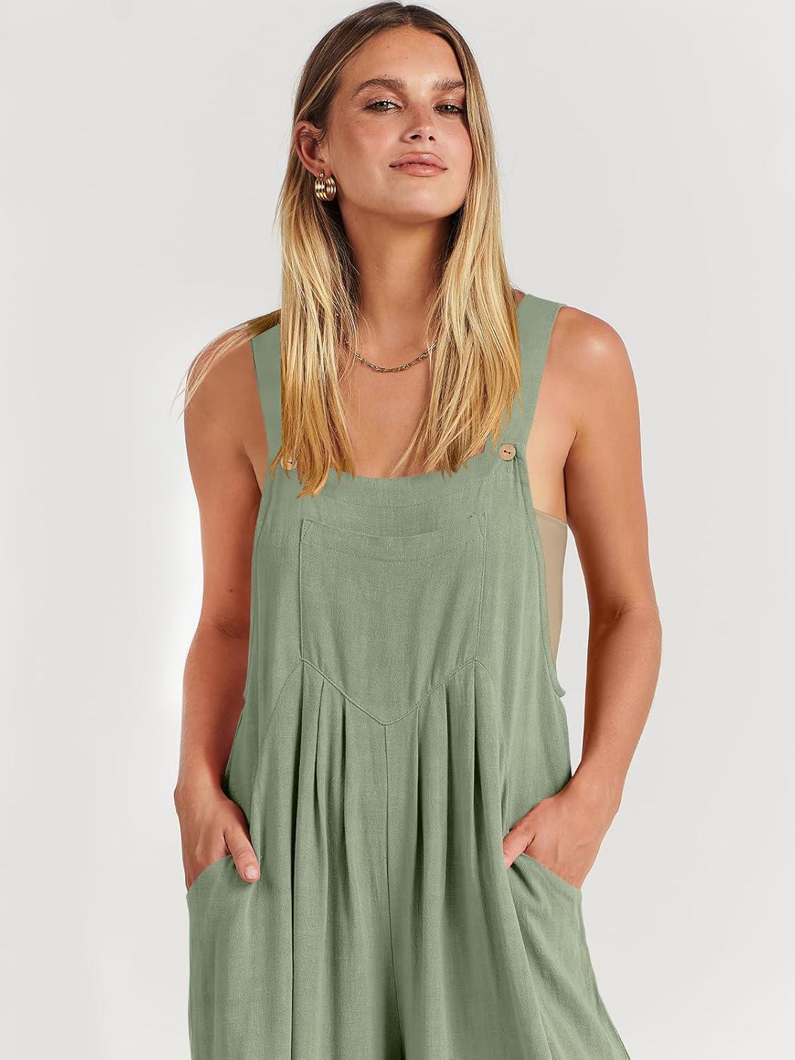 imageANRABESS Womens Jumpsuits Overalls Wide Leg Casual Summer Outfits Linen Rompers Jumpers Sleeveless Straps 2025 ClothesPea Green