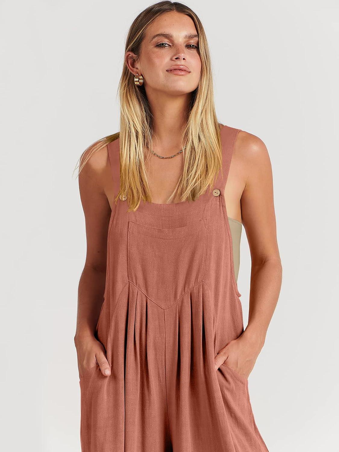 imageANRABESS Womens Jumpsuits Overalls Wide Leg Casual Summer Outfits Linen Rompers Jumpers Sleeveless Straps 2025 ClothesRust