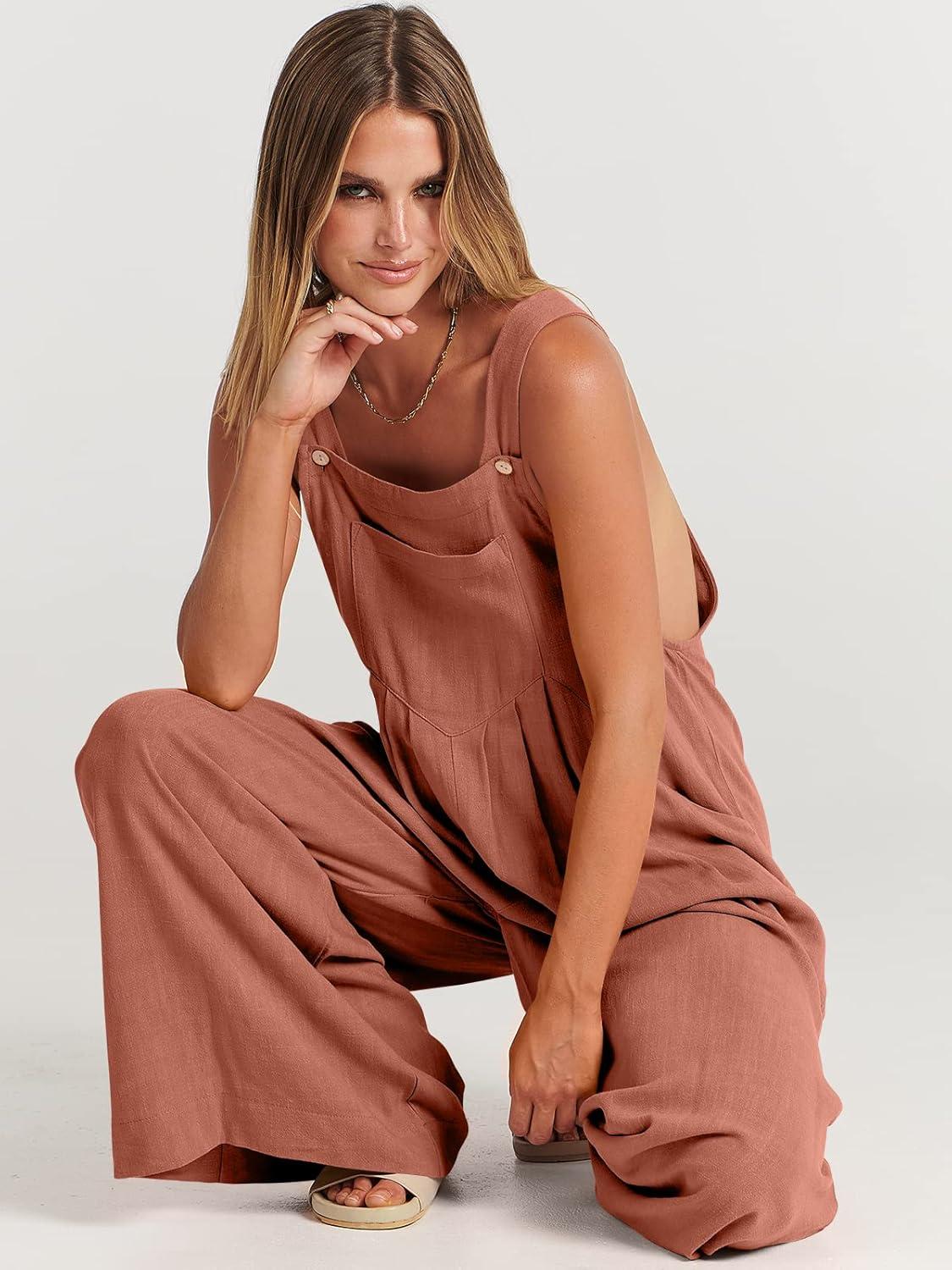 imageANRABESS Womens Jumpsuits Overalls Wide Leg Casual Summer Outfits Linen Rompers Jumpers Sleeveless Straps 2025 ClothesRust
