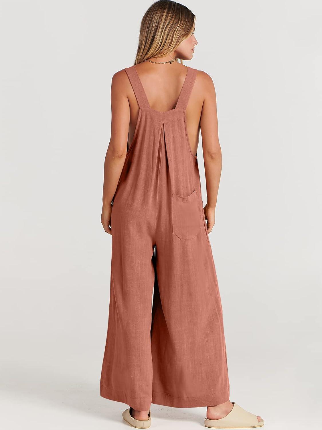 imageANRABESS Womens Jumpsuits Overalls Wide Leg Casual Summer Outfits Linen Rompers Jumpers Sleeveless Straps 2025 ClothesRust
