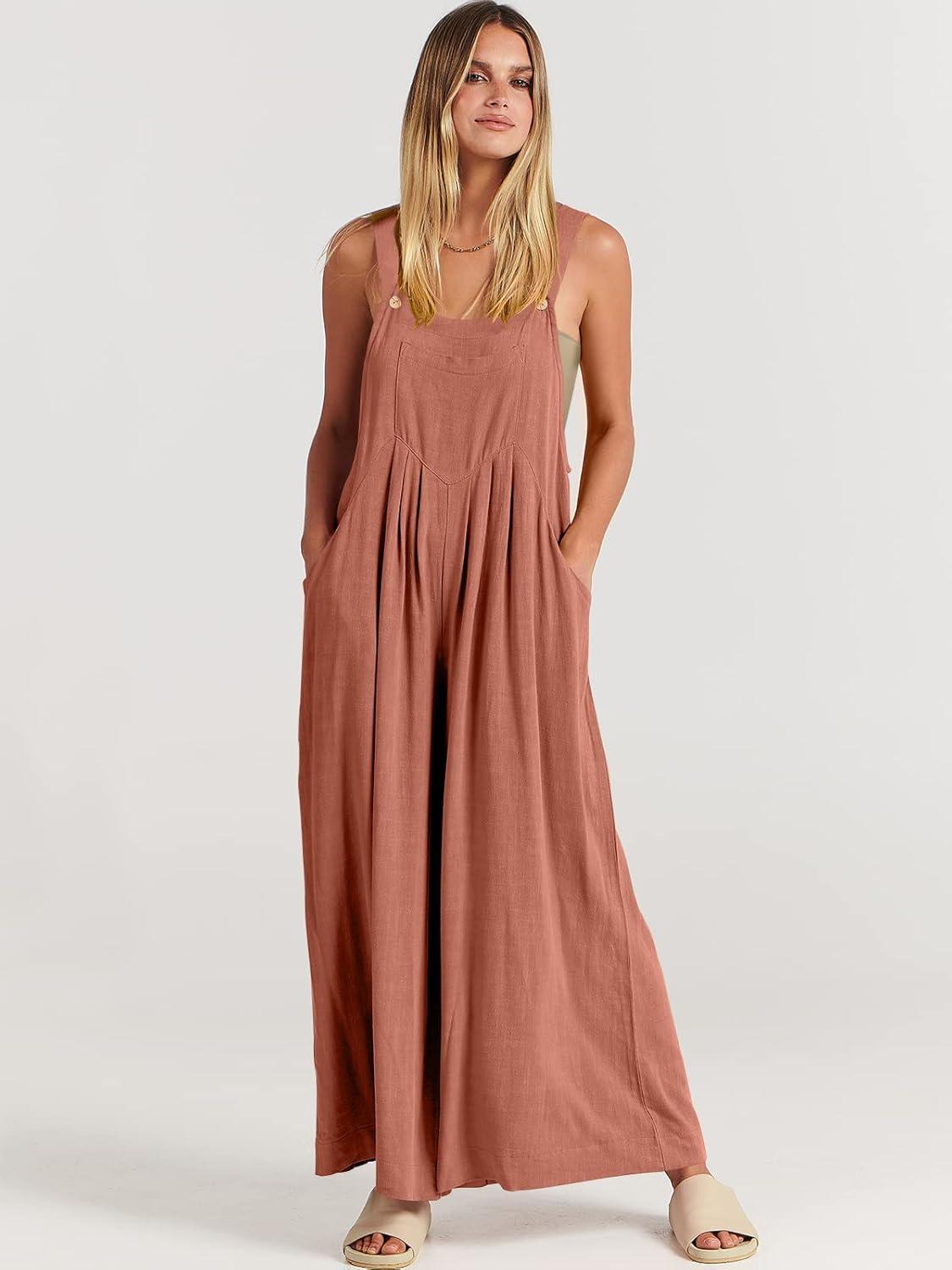 imageANRABESS Womens Jumpsuits Overalls Wide Leg Casual Summer Outfits Linen Rompers Jumpers Sleeveless Straps 2025 ClothesRust