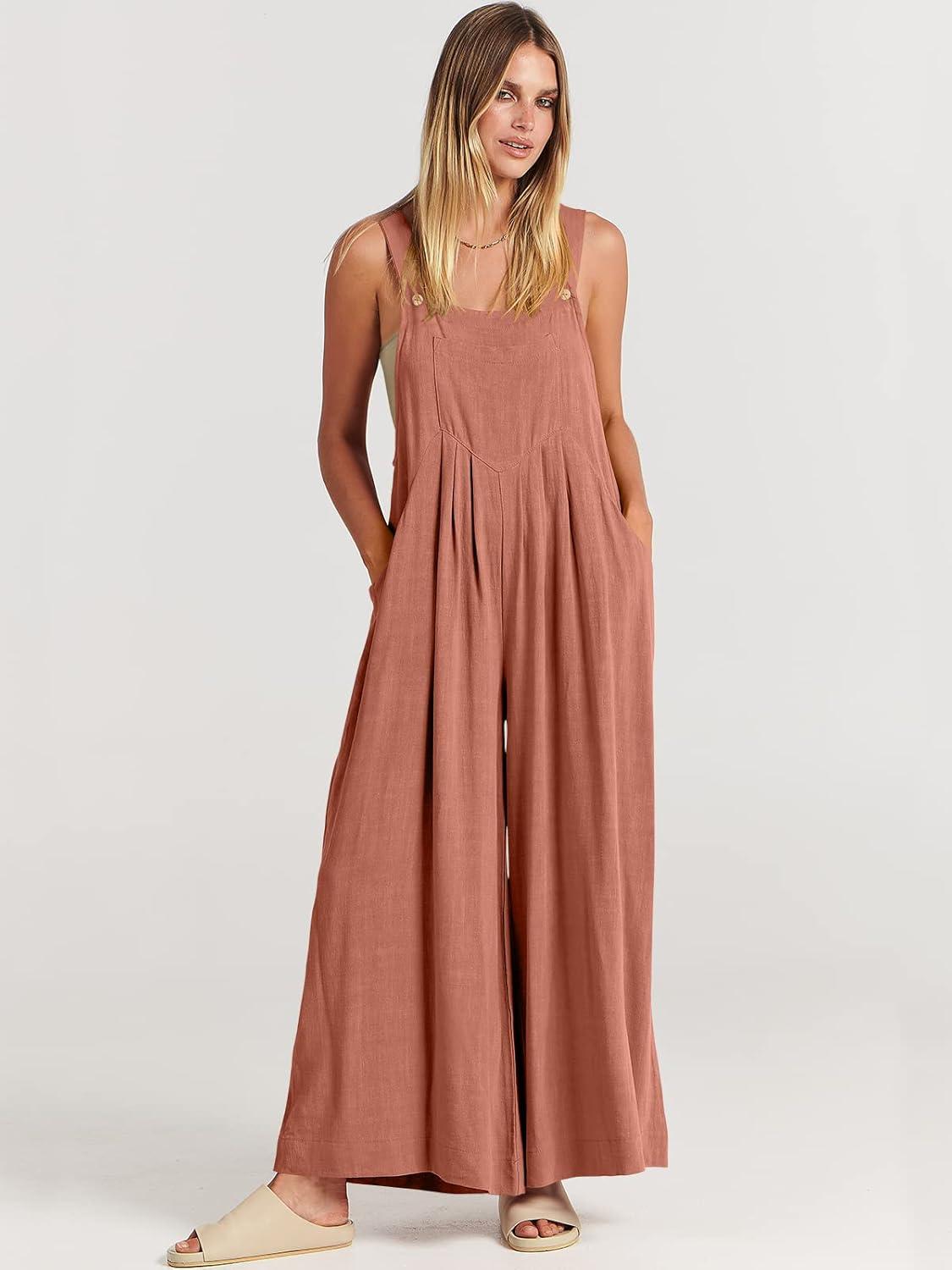 imageANRABESS Womens Jumpsuits Overalls Wide Leg Casual Summer Outfits Linen Rompers Jumpers Sleeveless Straps 2025 ClothesRust