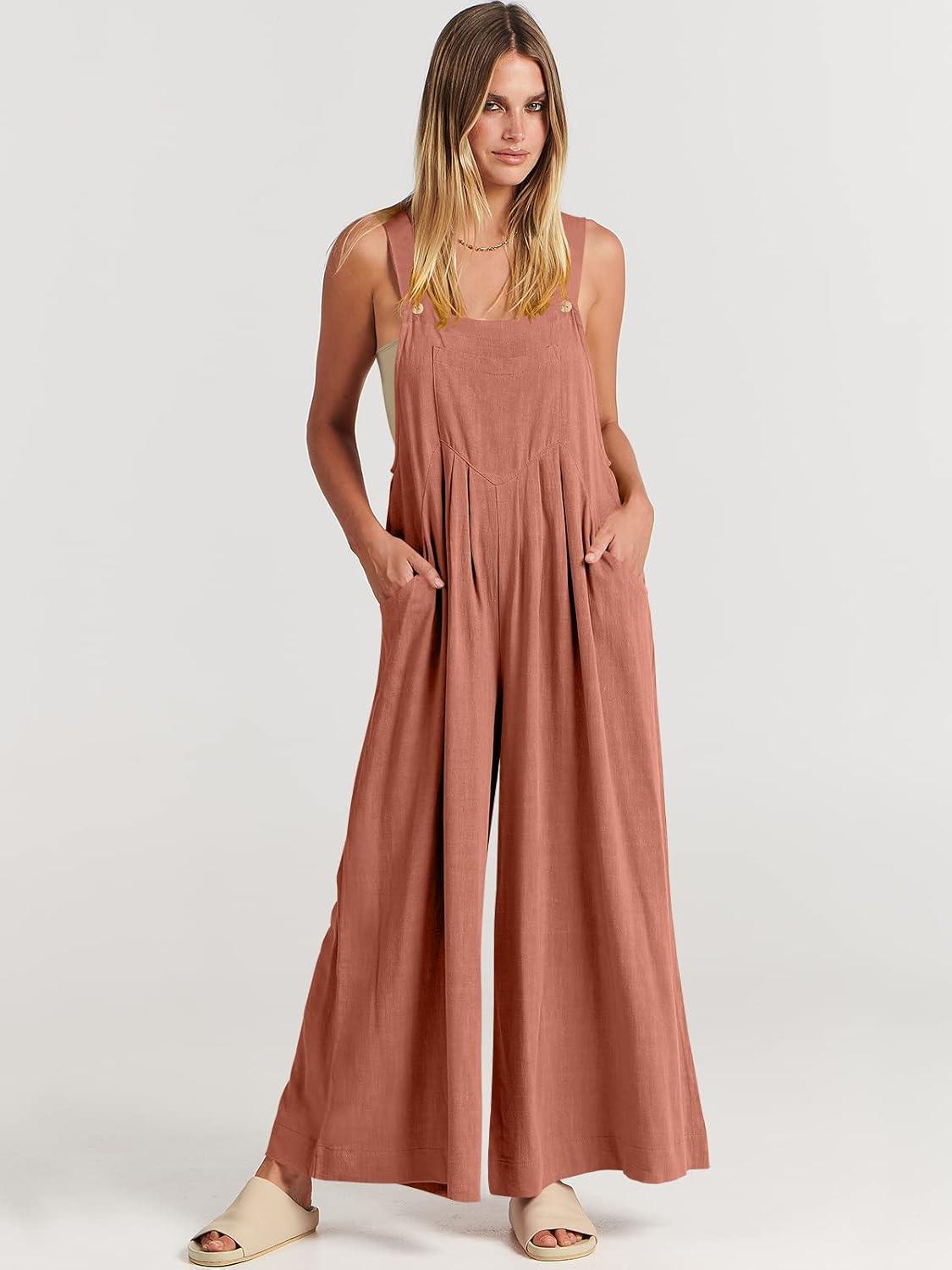 imageANRABESS Womens Jumpsuits Overalls Wide Leg Casual Summer Outfits Linen Rompers Jumpers Sleeveless Straps 2025 ClothesRust