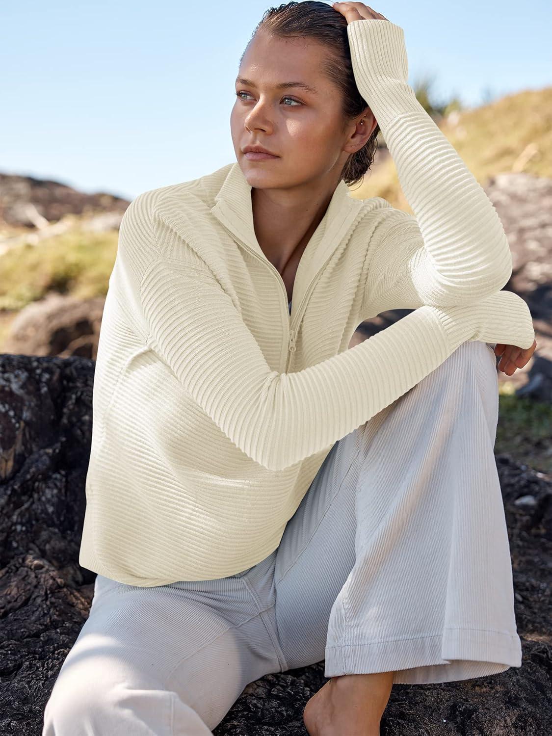 imageANRABESS Womens Long Sleeve Quarter Zip Pullover Sweater Casual Loose V Neck Collared Ribbed Knit Jumper Tops Thumb HoleAlmond