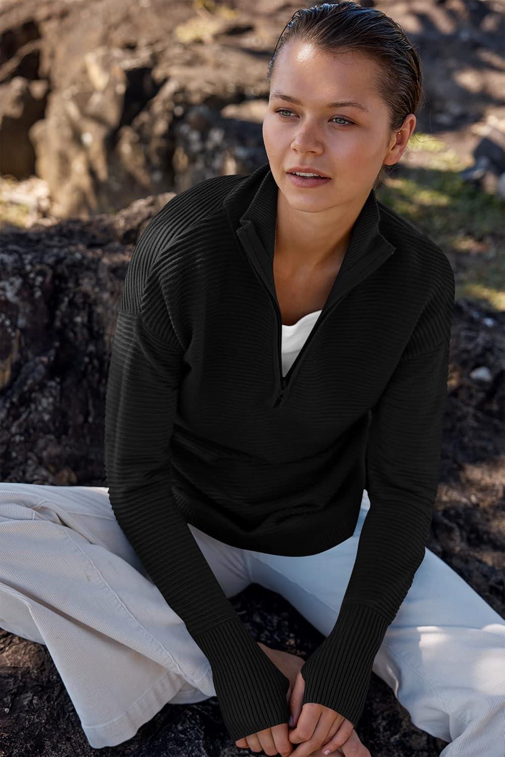 imageANRABESS Womens Long Sleeve Quarter Zip Pullover Sweater Casual Loose V Neck Collared Ribbed Knit Jumper Tops Thumb HoleBlack