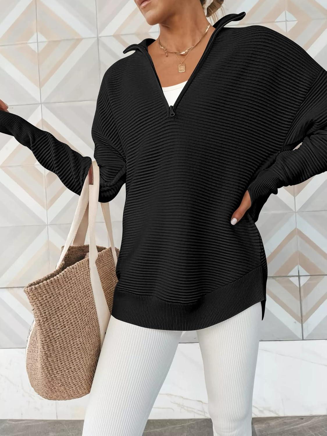imageANRABESS Womens Long Sleeve Quarter Zip Pullover Sweater Casual Loose V Neck Collared Ribbed Knit Jumper Tops Thumb HoleBlack