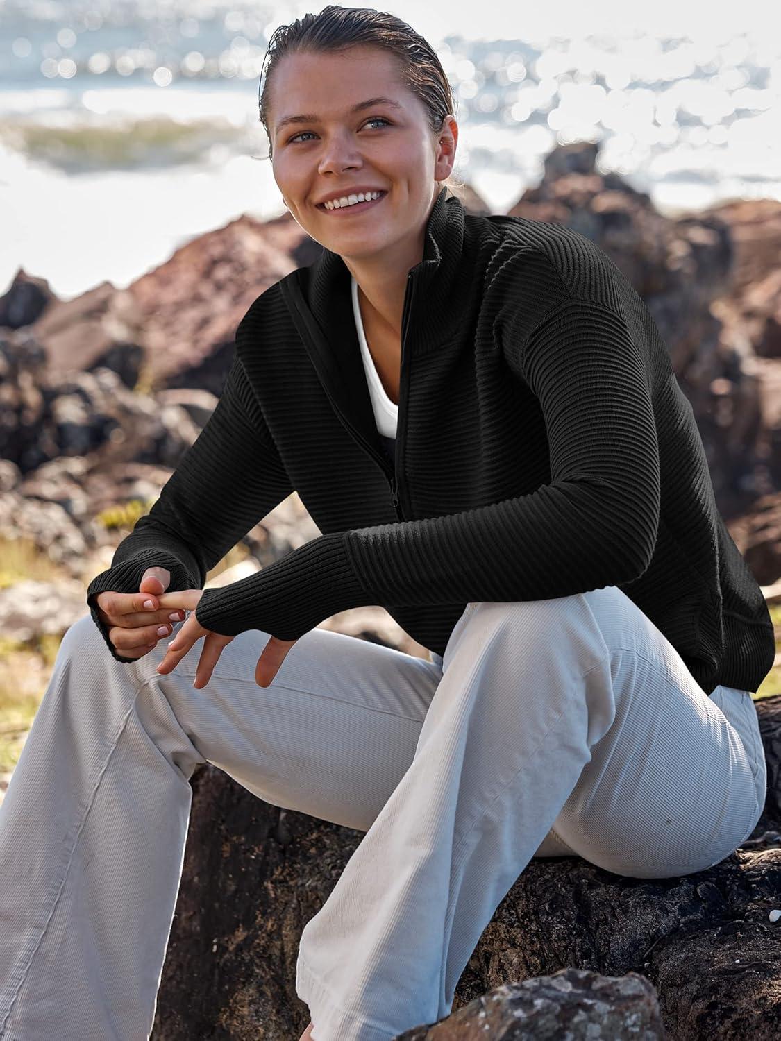 imageANRABESS Womens Long Sleeve Quarter Zip Pullover Sweater Casual Loose V Neck Collared Ribbed Knit Jumper Tops Thumb HoleBlack